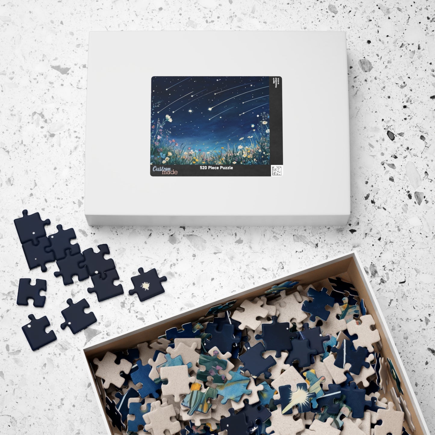 Wildflowers Under a Starry Sky Puzzle (110, 252, 520, 1014 Pieces) - Dreamy Meteor Shower, Starry Night Scene with Colorful Blooms