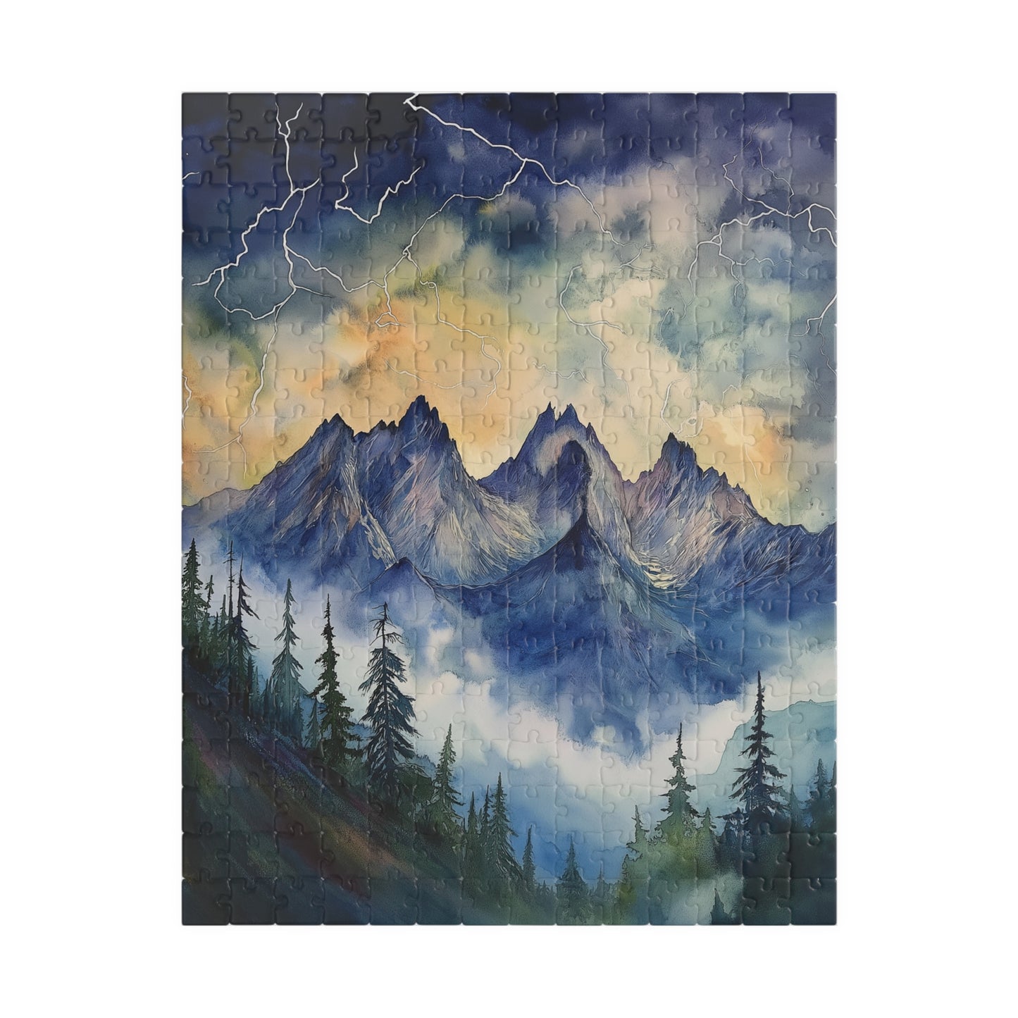 Stormy Mountain Peaks Puzzle (110, 252, 520, 1014 Pieces) - Dark Pine Forest, Lightning Strikes, Dramatic Skies Over Jagged Summits