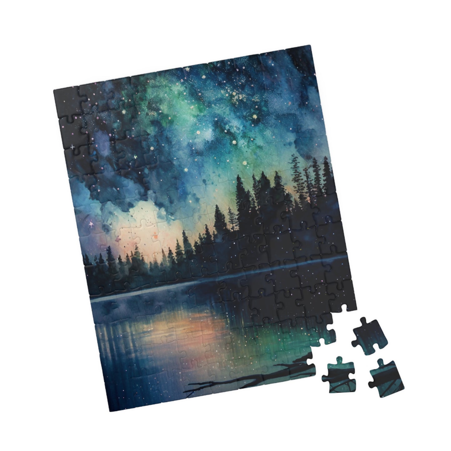 Starry Lake Puzzle (110, 252, 520, 1014 Pieces) - Peaceful Night Sky Reflection, Forest Silhouette, Tranquil Water