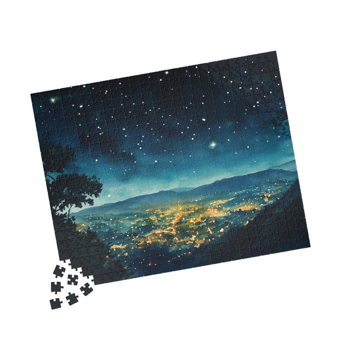 Mountain Town Under a Starry Sky Puzzle (110, 252, 520, 1014 Pieces) - Peaceful Night Lights, Stargazing, Cozy Escape