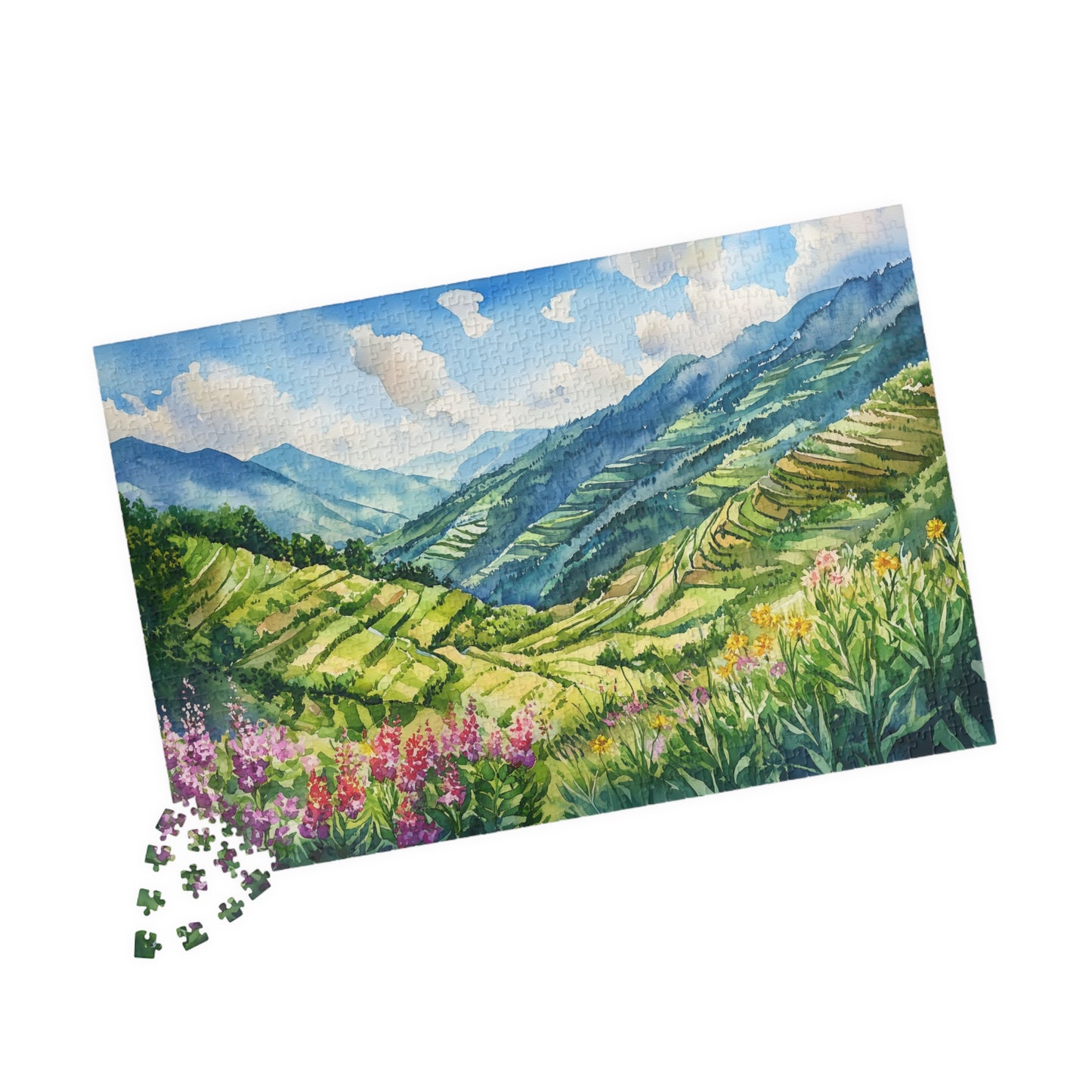 Terraced Hillside Puzzle (110, 252, 520, 1014 Pieces) - Lush Green Valleys, Layered Landscapes, Blooming Wildflowers, Vivid Nature Puzzle