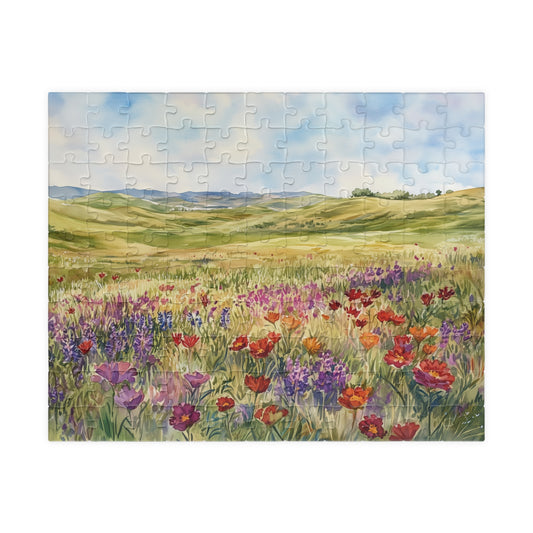 Prairie Meadow Puzzle (110, 252, 520, 1014 Pieces) - Wildflowers, Rolling Hills, Bright Spring Landscape, Perfect Gift for Nature Lovers