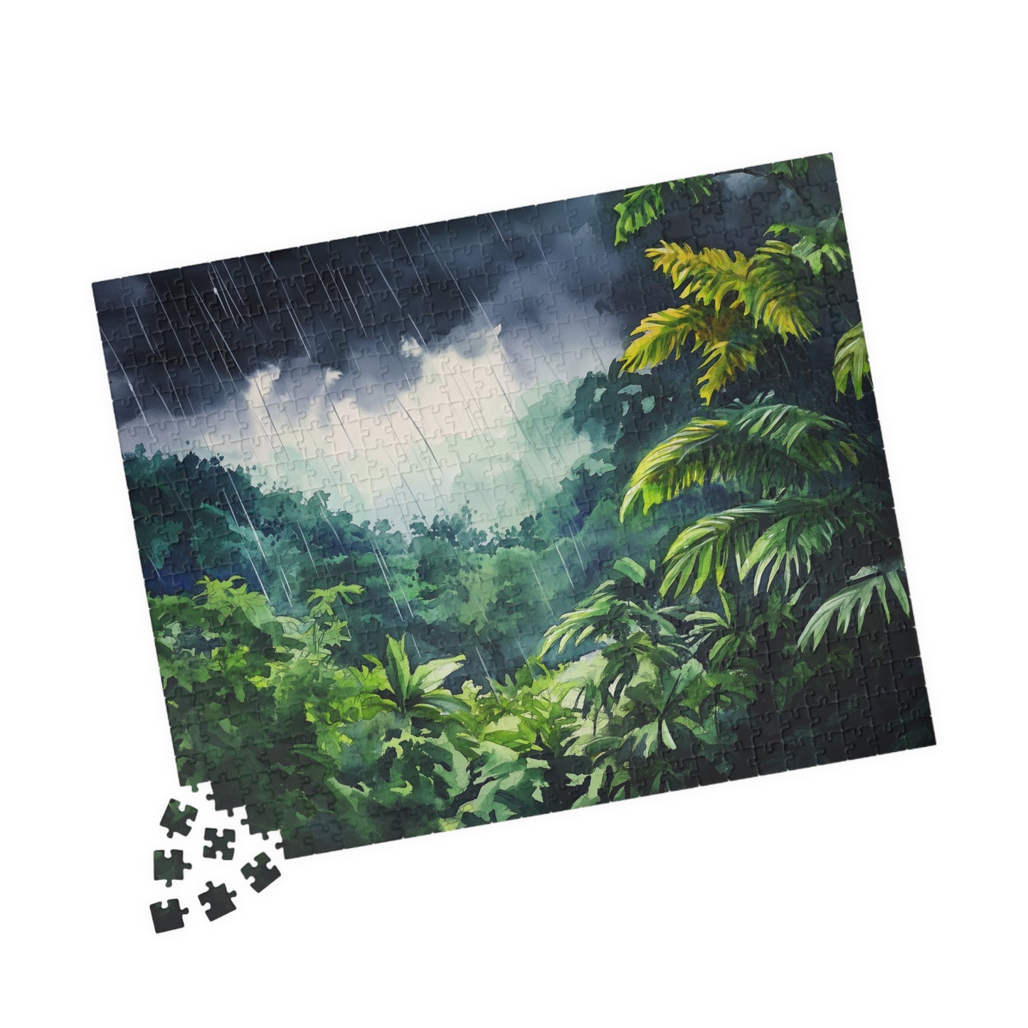 Rainfall in the Jungle Puzzle (110, 252, 520, 1014 Pieces) - Lush Tropical Rainstorm Scene, Moody Nature Puzzle for Relaxation & Focus
