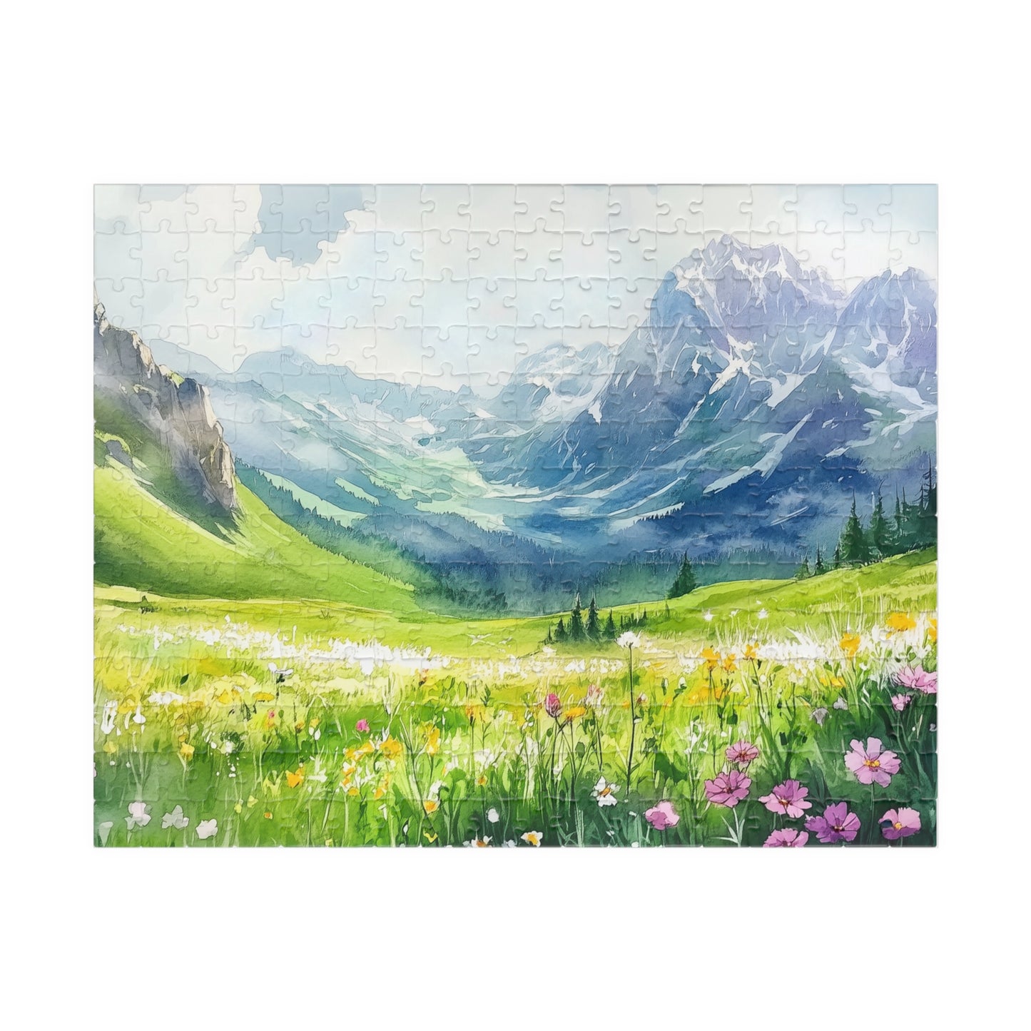 Mountain Meadow Puzzle (110, 252, 520, 1014 Pieces) - Wildflowers, Alpine Valley, Snowy Peaks, Peaceful Landscape