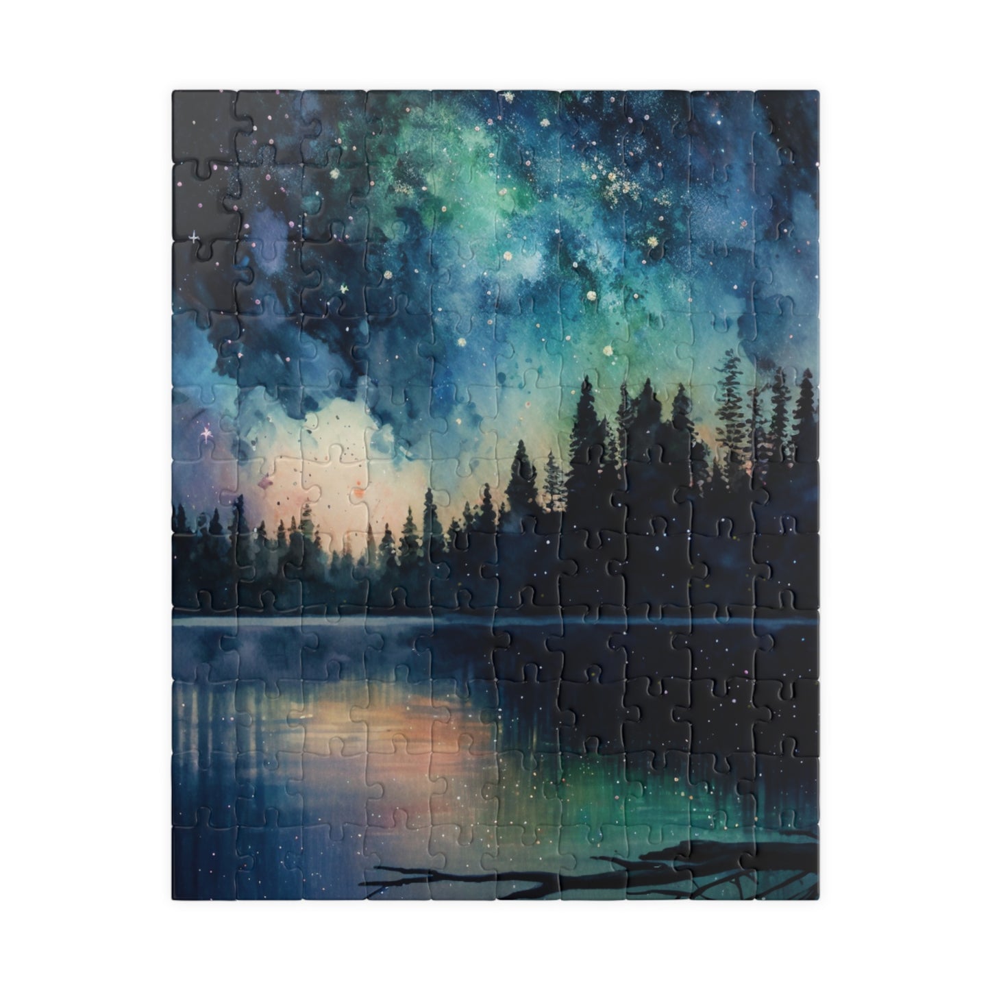 Starry Lake Puzzle (110, 252, 520, 1014 Pieces) - Peaceful Night Sky Reflection, Forest Silhouette, Tranquil Water