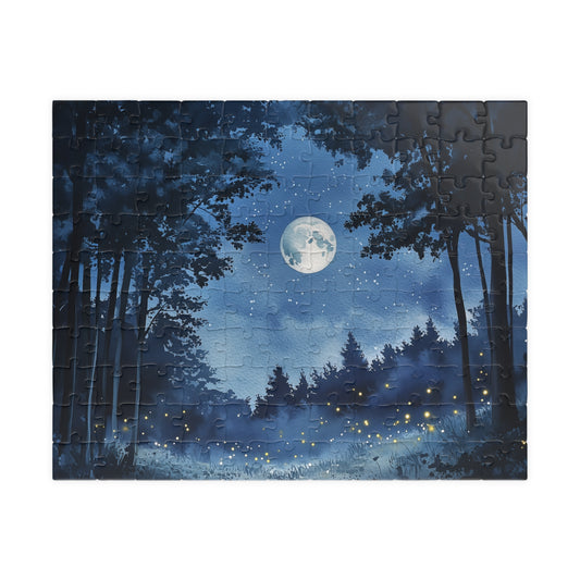 Moonlit Forest Puzzle (110, 252, 520, 1014 Pieces) - Enchanted Trees, Fireflies, and Starry Night Sky in Monochrome Blue