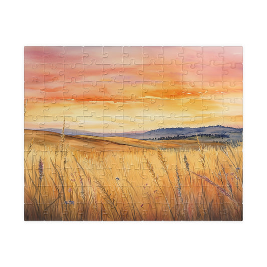 Prairie at Sunset Puzzle (110, 252, 520, 1014 Pieces) - Golden Fields, Rolling Hills, Glowing Horizon, Nature Lovers Gift, Relaxing Activity