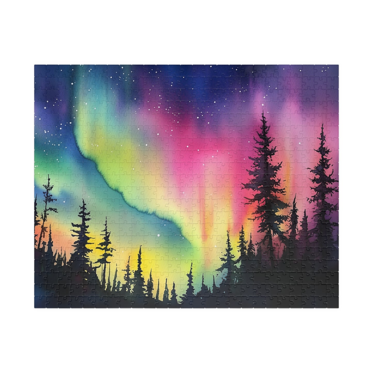 Aurora Glow Puzzle (110, 252, 520, 1014 Pieces) - Northern Lights Over Forest Silhouette, Fun Family Activity, Unique Gift Idea