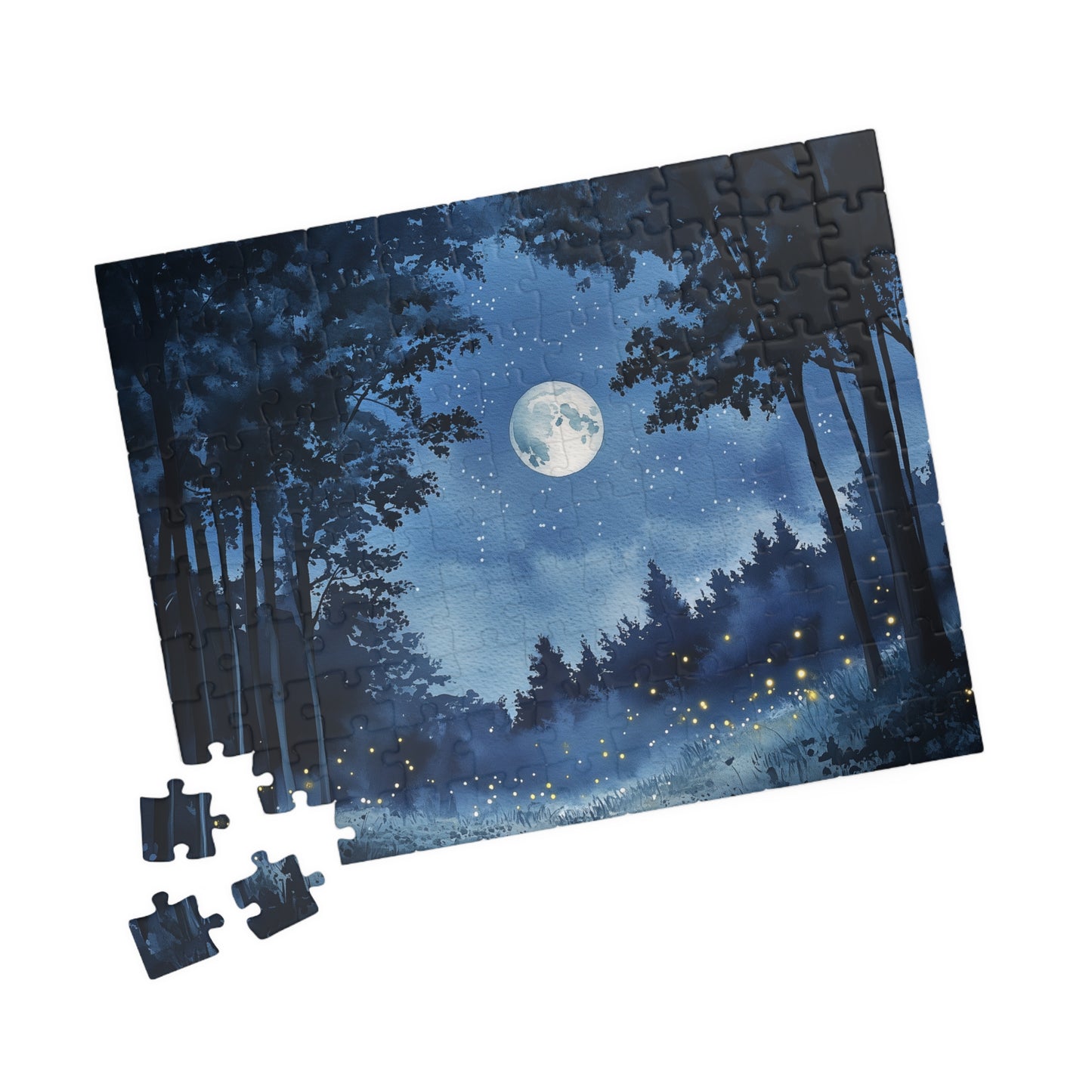 Moonlit Forest Puzzle (110, 252, 520, 1014 Pieces) - Enchanted Trees, Fireflies, and Starry Night Sky in Monochrome Blue
