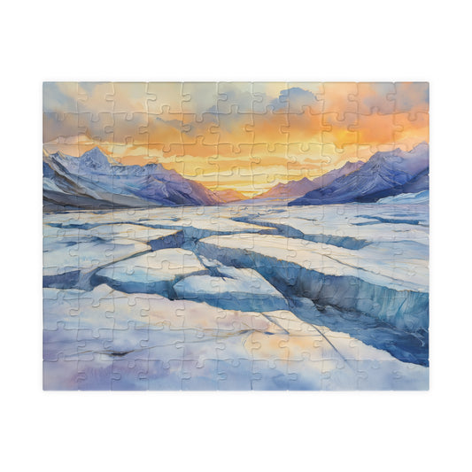 Glacial Field Puzzle (110, 252, 520, 1014 Pieces) - Frozen Mountain Landscape with Cracked Ice, Arctic Horizon, and Winter Sunset Glow