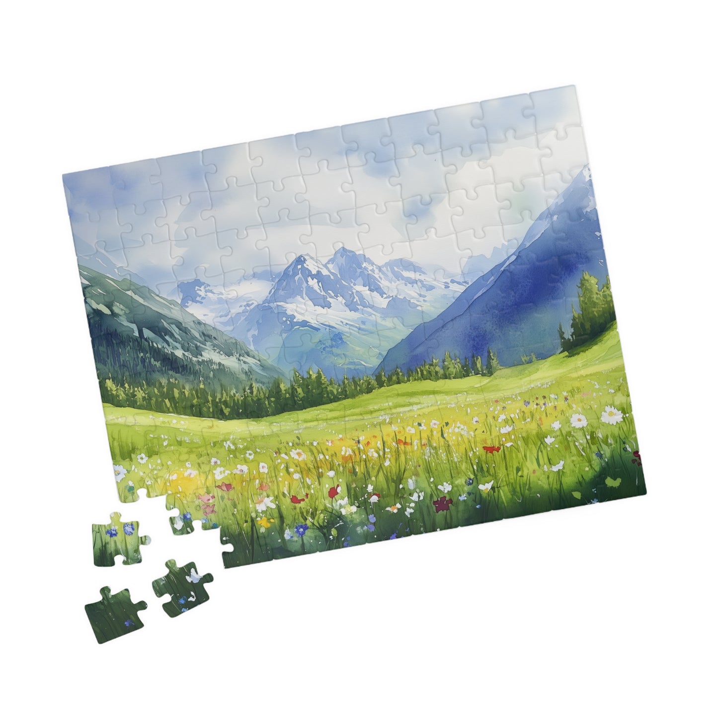 Spring Mountain Puzzle (110, 252, 520, 1014 Pieces) - Alpine Wildflower Meadow with Snowy Peaks, Blue Sky, and Peaceful Green Hills