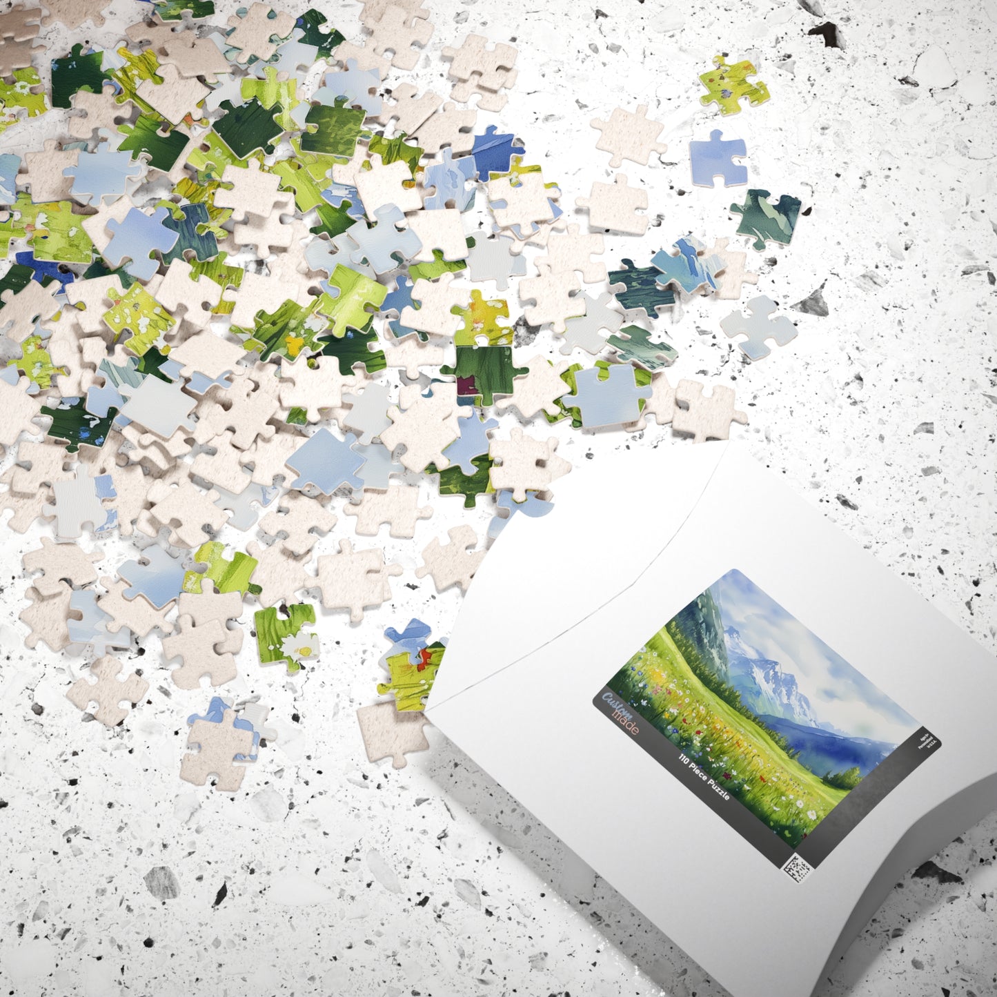 Spring Mountain Puzzle (110, 252, 520, 1014 Pieces) - Alpine Wildflower Meadow with Snowy Peaks, Blue Sky, and Peaceful Green Hills