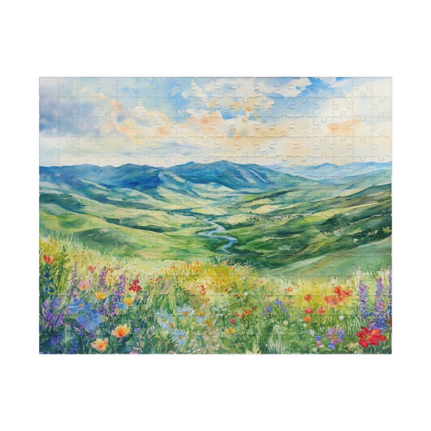 Wildflower Valley Overlook Puzzle (110, 252, 520, 1014 Pieces) - Rolling Green Mountains, Winding River, Blooming Meadow, Scenic Spring View