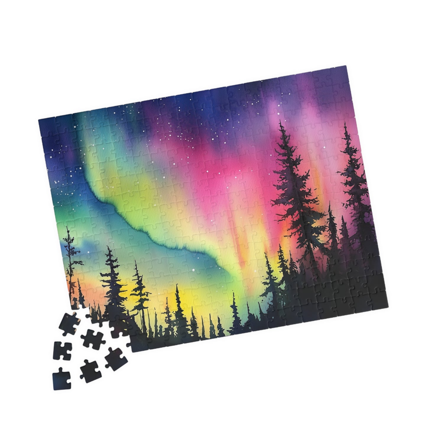 Aurora Glow Puzzle (110, 252, 520, 1014 Pieces) - Northern Lights Over Forest Silhouette, Fun Family Activity, Unique Gift Idea