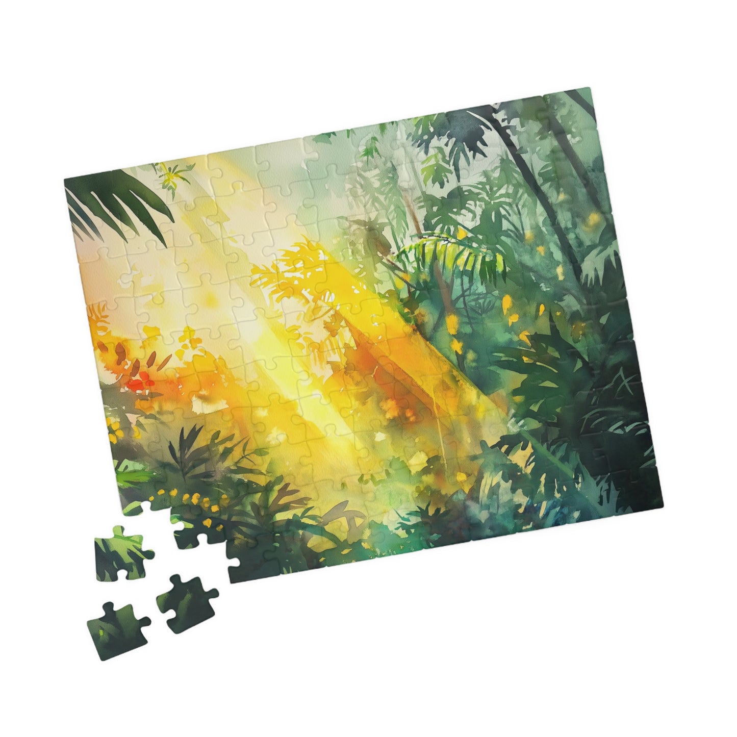 Sunbeams in the Jungle Puzzle (110, 252, 520, 1014 Pieces) - Lush Tropical Rainforest Light, Green & Gold Nature Puzzle, Serene Adventure