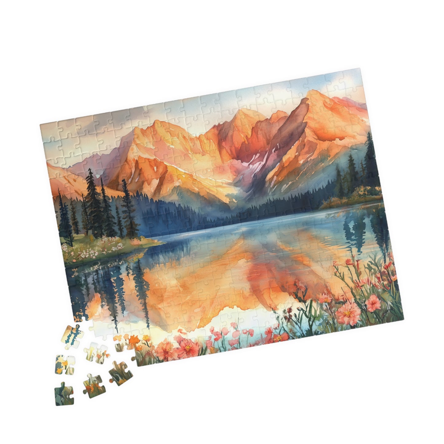 Fiery Red Mountain Reflection Puzzle (110, 252, 520, 1014 Pieces) - Wildflower Shoreline, Alpine Forest, Golden Hour Glow,