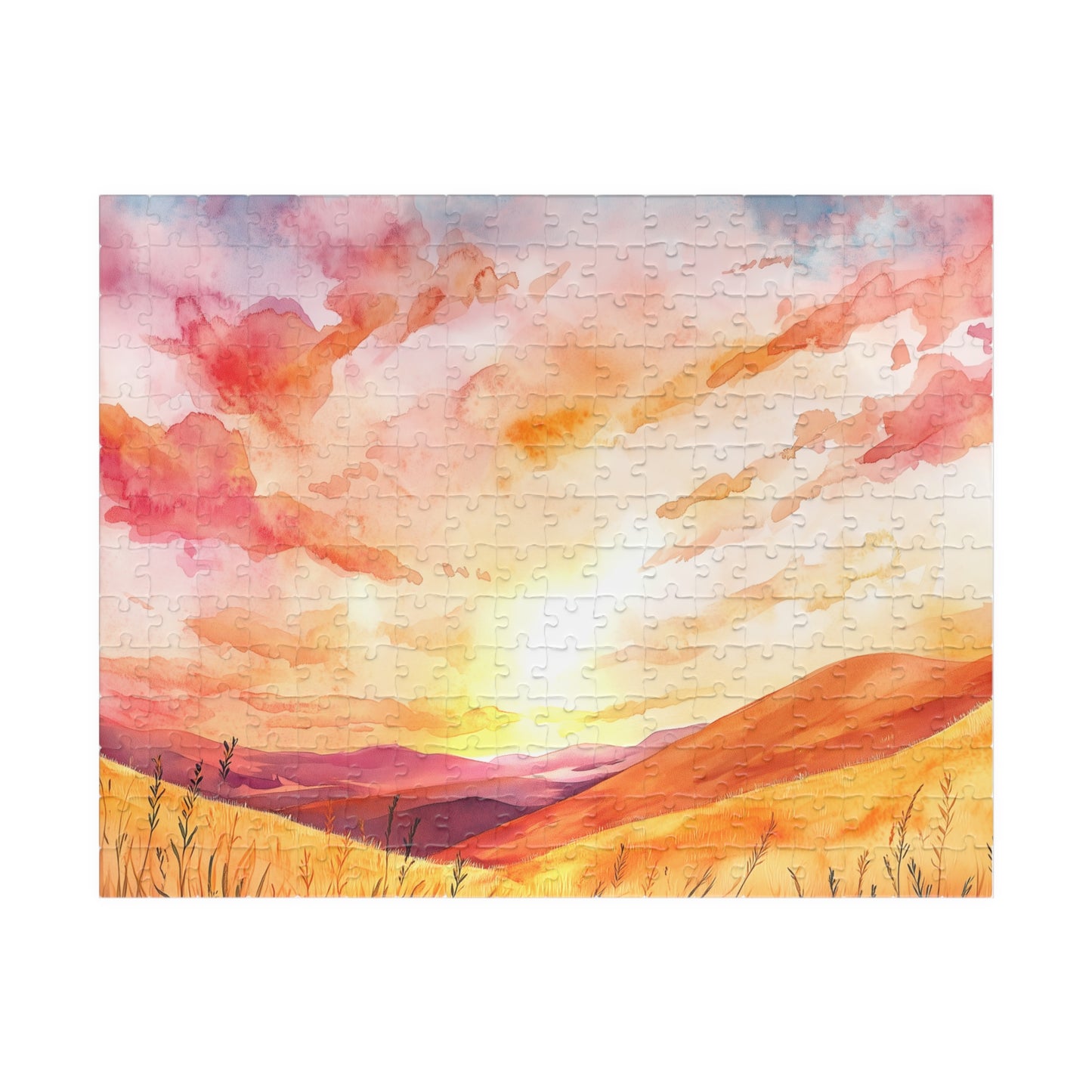 Golden Prairie Sunset Puzzle (110, 252, 520, 1014 Pieces) - Warm Tones, Rolling Hills, Tranquil Evening Sky, Cozy Evenings, Home Decor