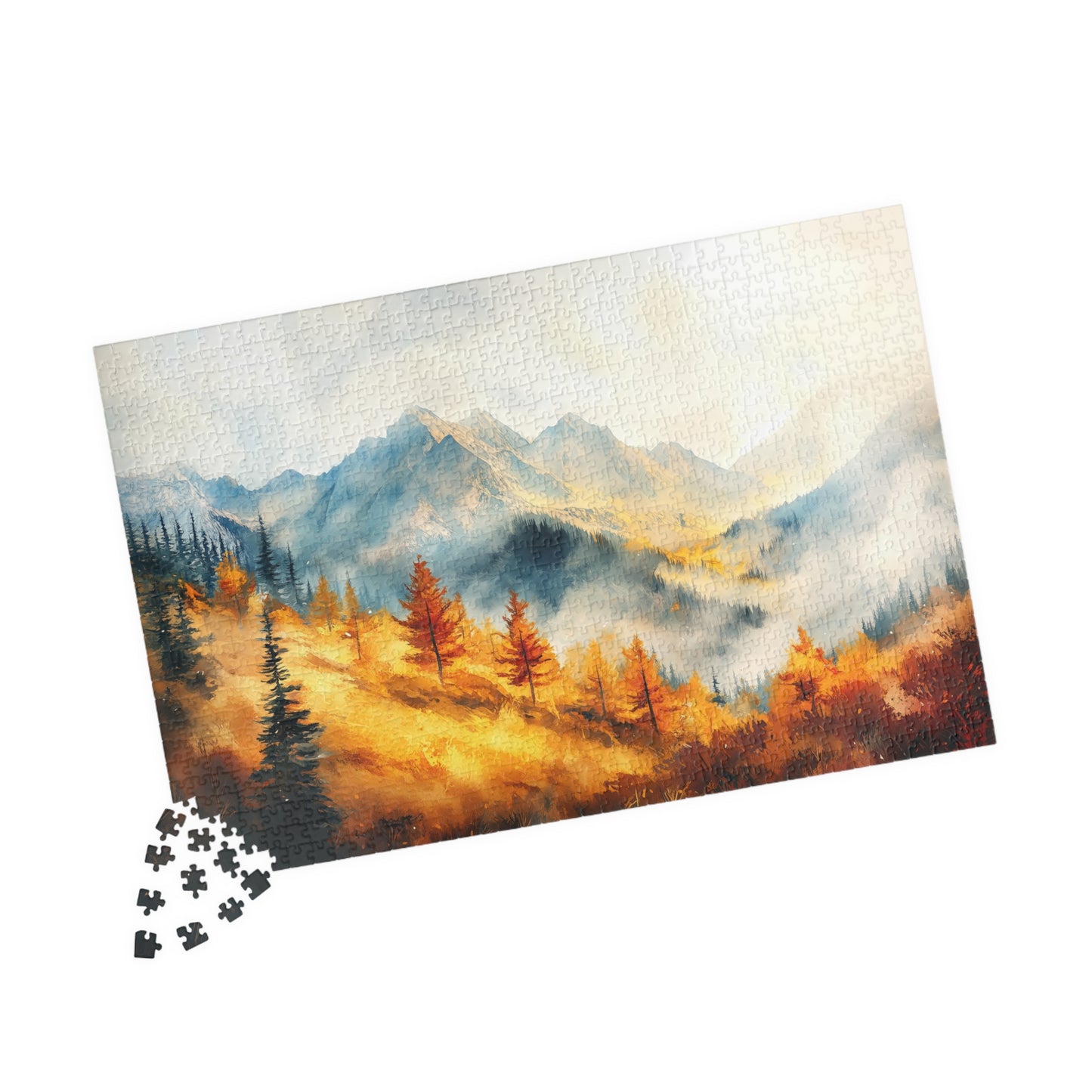Golden Hillside Puzzle (110, 252, 520, 1014 Pieces) - Autumn Forest Jigsaw, Tranquil Nature Puzzle, Misty Mountain Decor, Fall Lover Gift