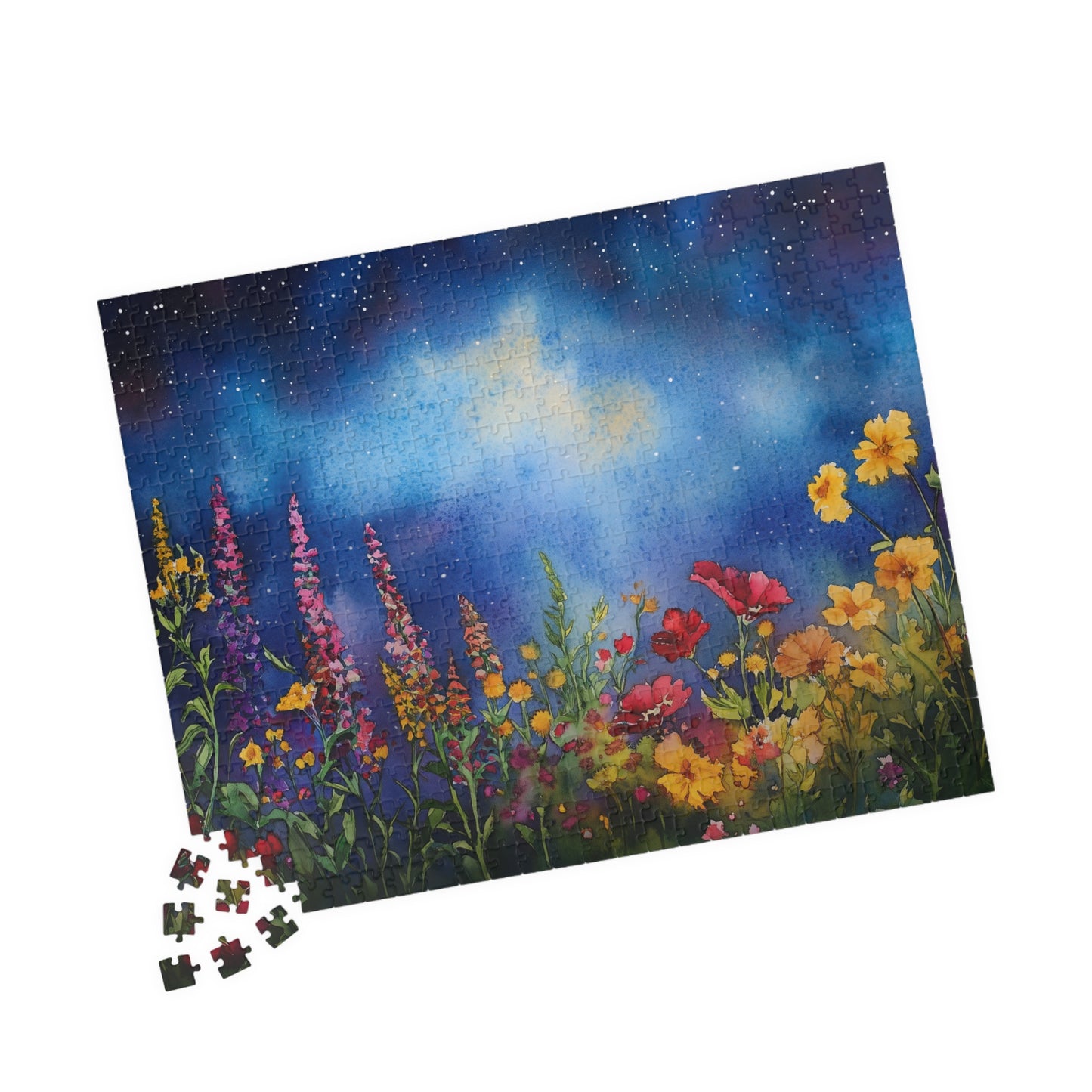 Celestial Bloom Puzzle (110, 252, 520, 1014 Pieces) - Colorful Wildflowers Beneath a Dreamy Starry Sky, Floral Blooms Under a Night Sky
