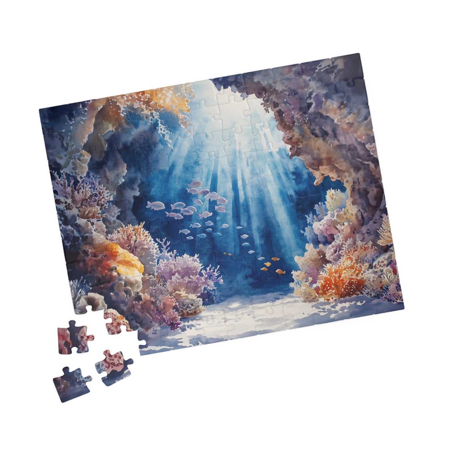 Underwater Reef Cave Puzzle (110, 252, 520, 1014 Pieces) - Ocean Cave, Sunbeams, Coral Reef, Dreamy Watercolor Puzzle