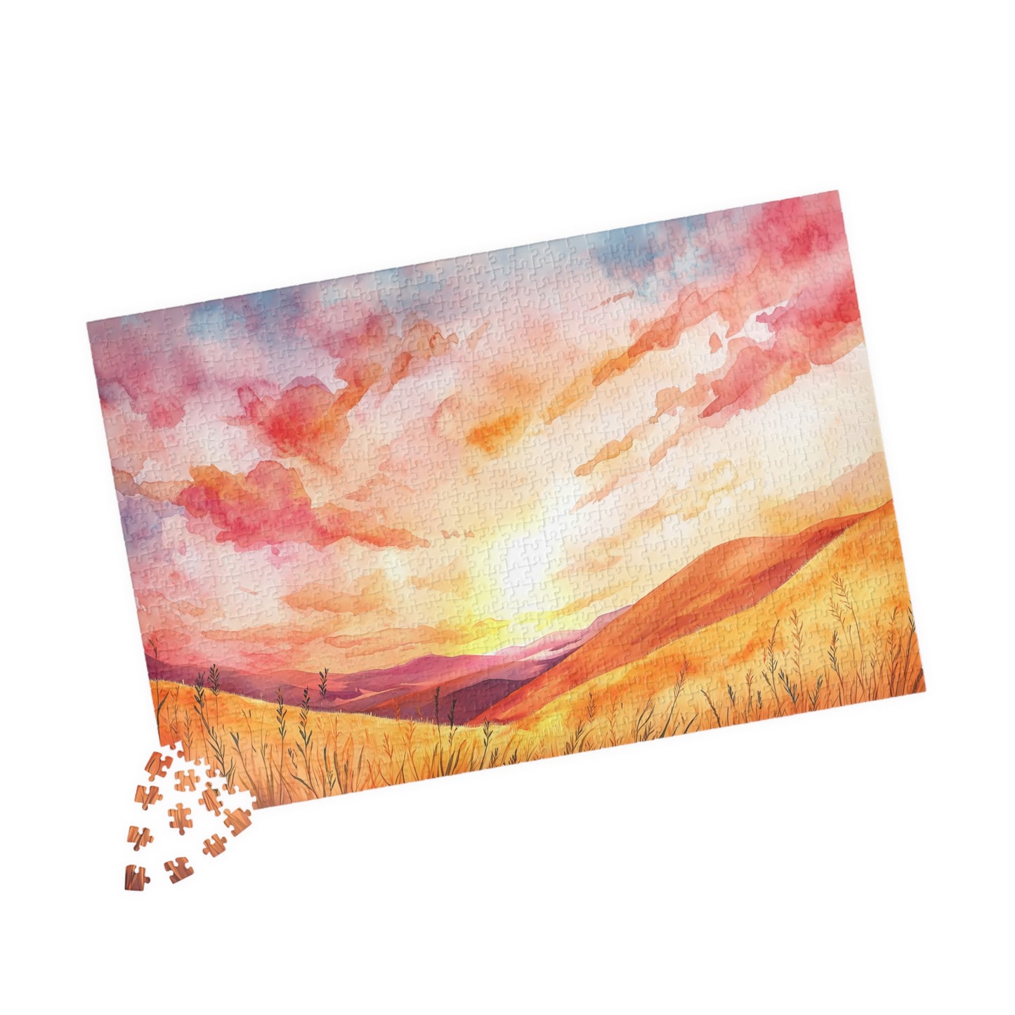 Golden Prairie Sunset Puzzle (110, 252, 520, 1014 Pieces) - Warm Tones, Rolling Hills, Tranquil Evening Sky, Cozy Evenings, Home Decor