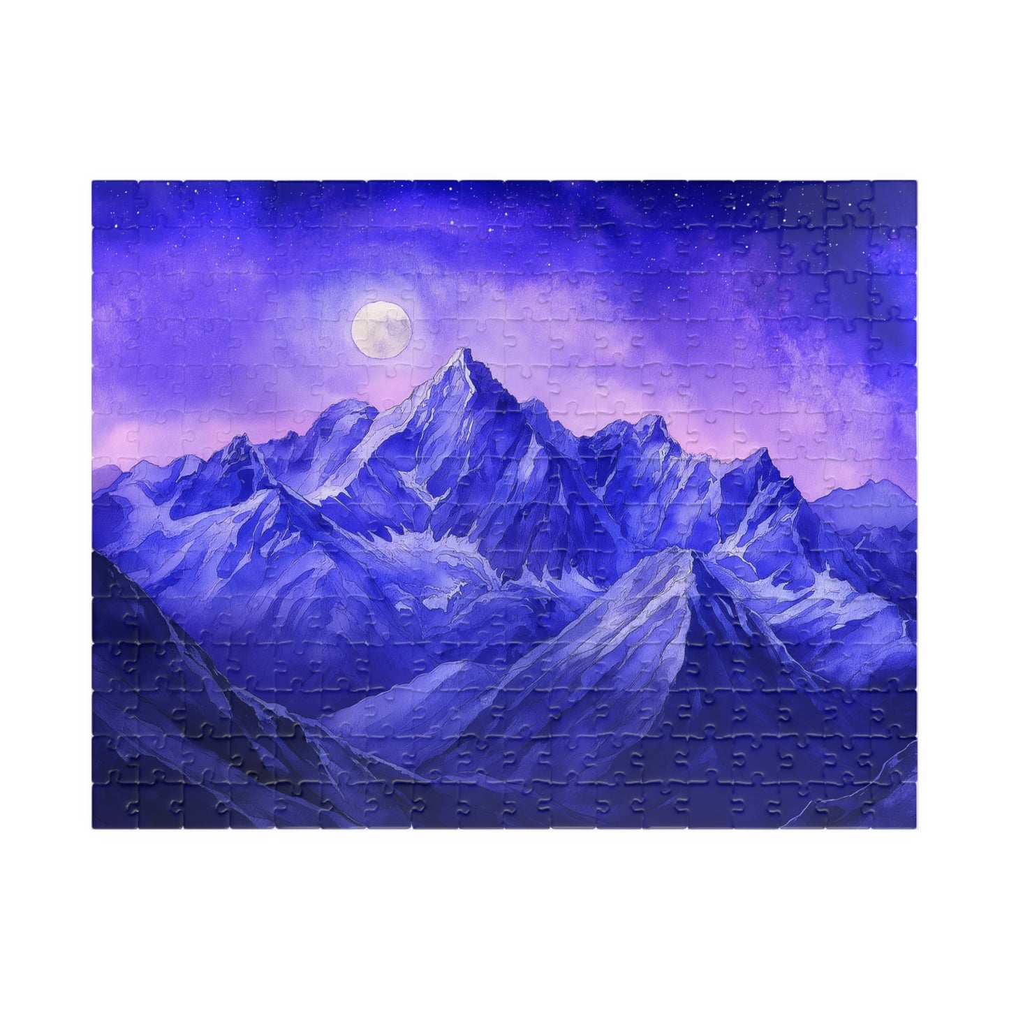 Moonlit Mountains Puzzle (110, 252, 520, 1014 Pieces) - Dreamy Winter Night, Midnight Blues, Starry Sky, Serene Snowy Landscape