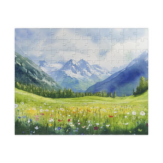 Spring Mountain Puzzle (110, 252, 520, 1014 Pieces) - Alpine Wildflower Meadow with Snowy Peaks, Blue Sky, and Peaceful Green Hills