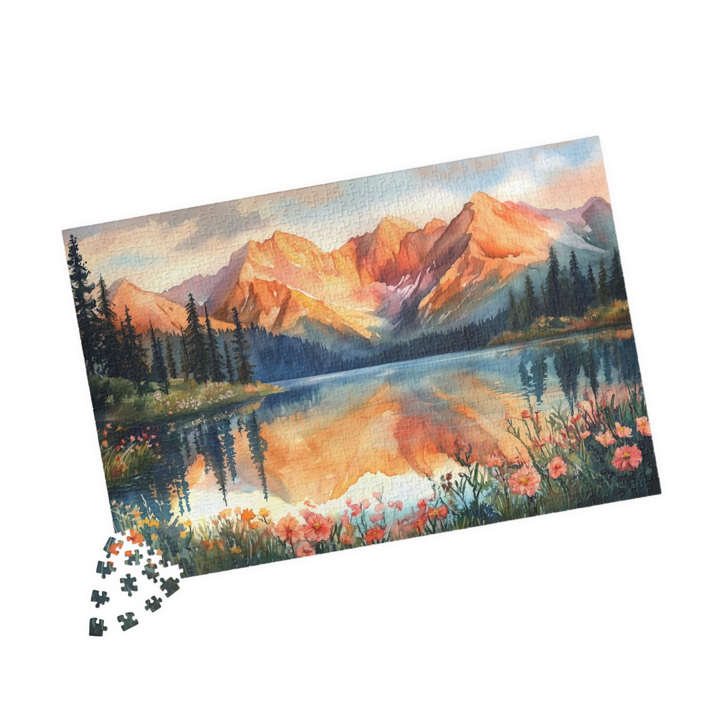 Fiery Red Mountain Reflection Puzzle (110, 252, 520, 1014 Pieces) - Wildflower Shoreline, Alpine Forest, Golden Hour Glow,