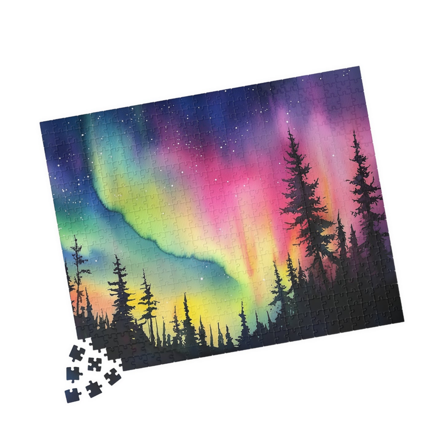 Aurora Glow Puzzle (110, 252, 520, 1014 Pieces) - Northern Lights Over Forest Silhouette, Fun Family Activity, Unique Gift Idea