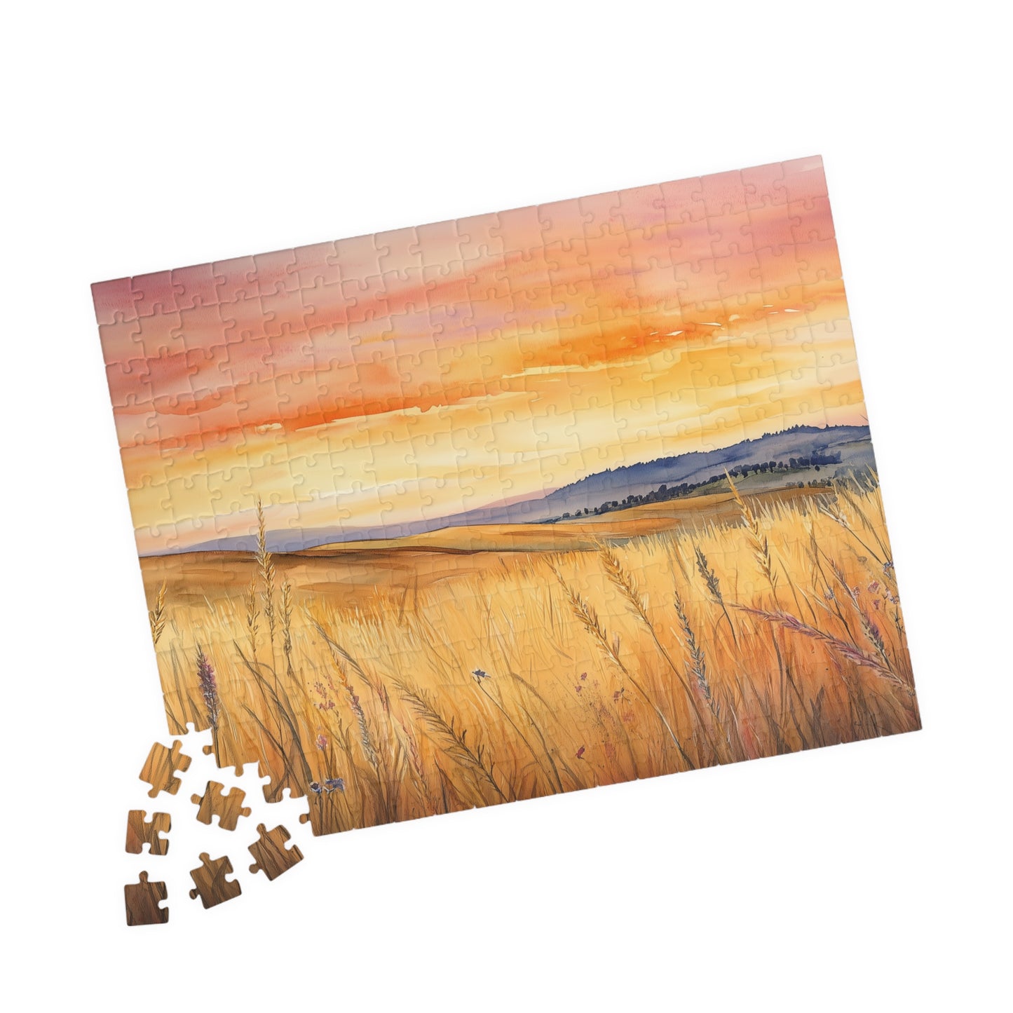 Prairie at Sunset Puzzle (110, 252, 520, 1014 Pieces) - Golden Fields, Rolling Hills, Glowing Horizon, Nature Lovers Gift, Relaxing Activity
