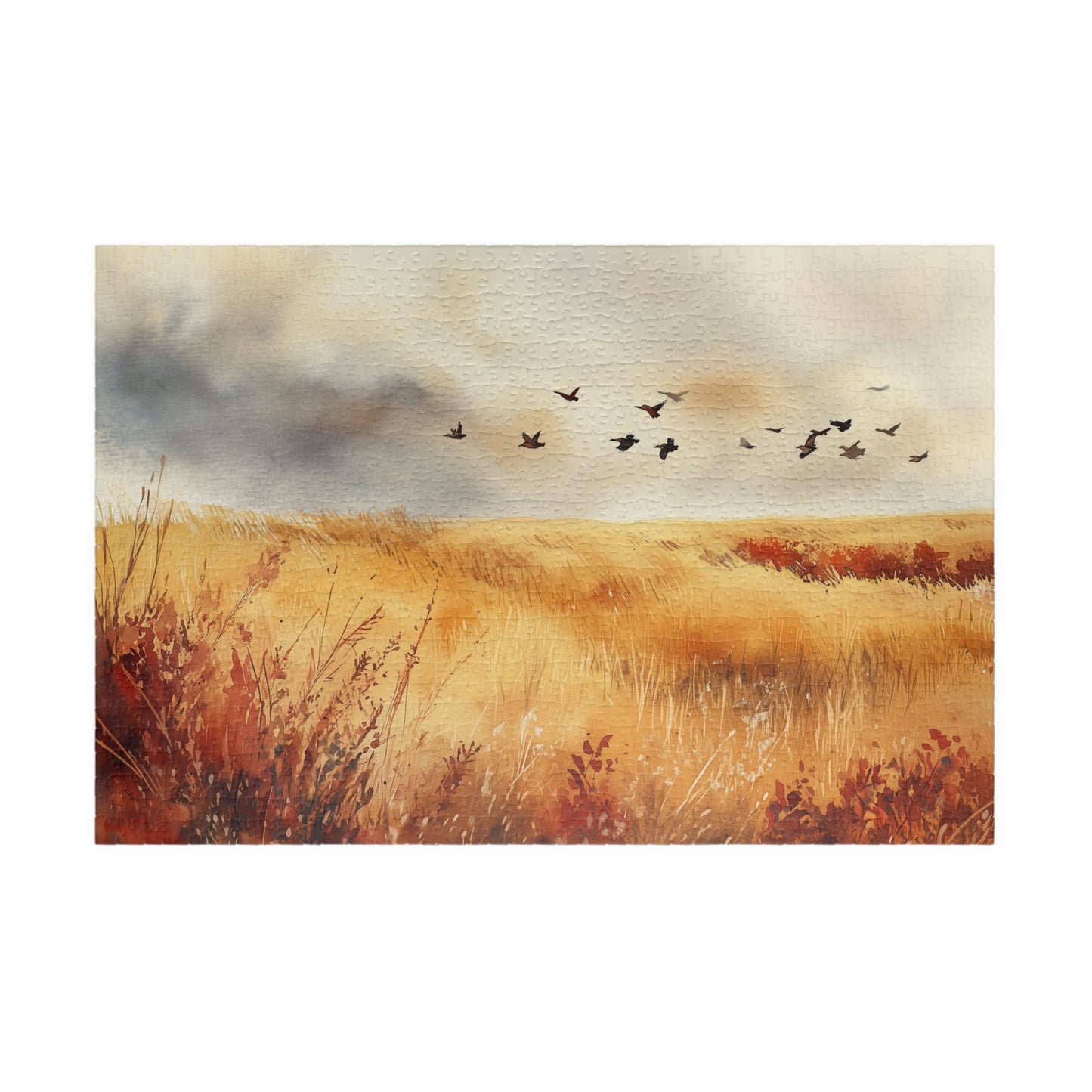 Golden Prairie Flight Puzzle (110, 252, 520, 1014 Pieces) - Autumn Grassland, Birds in Flight, Warm Earth Tones, Stress Relief, Home Decor