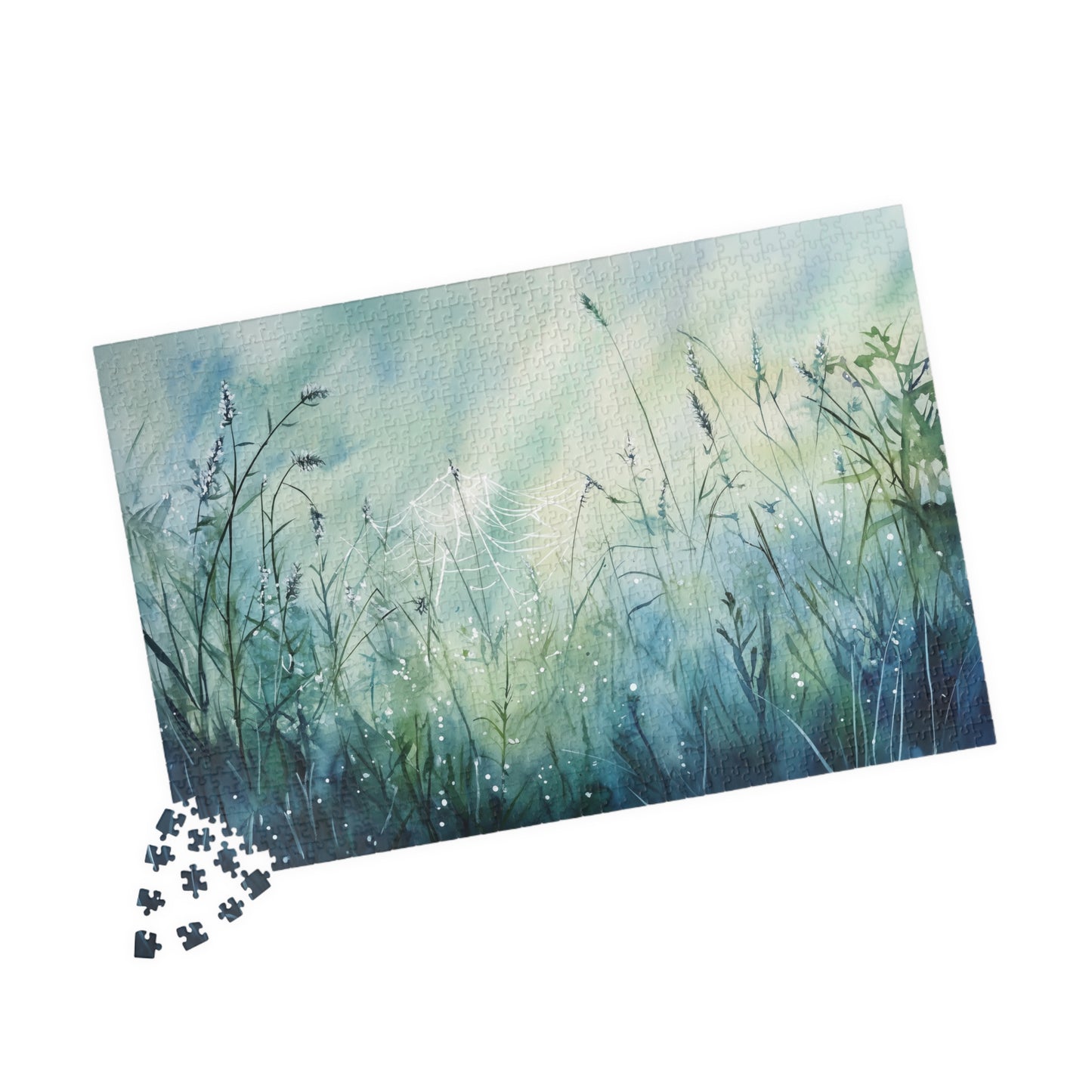 Morning Web Puzzle (110, 252, 520, 1014 Pieces) - Dewy Spider Web, Soft Grass, Gentle Light, Nature-Inspired Jigsaw, Beautiful Serenity