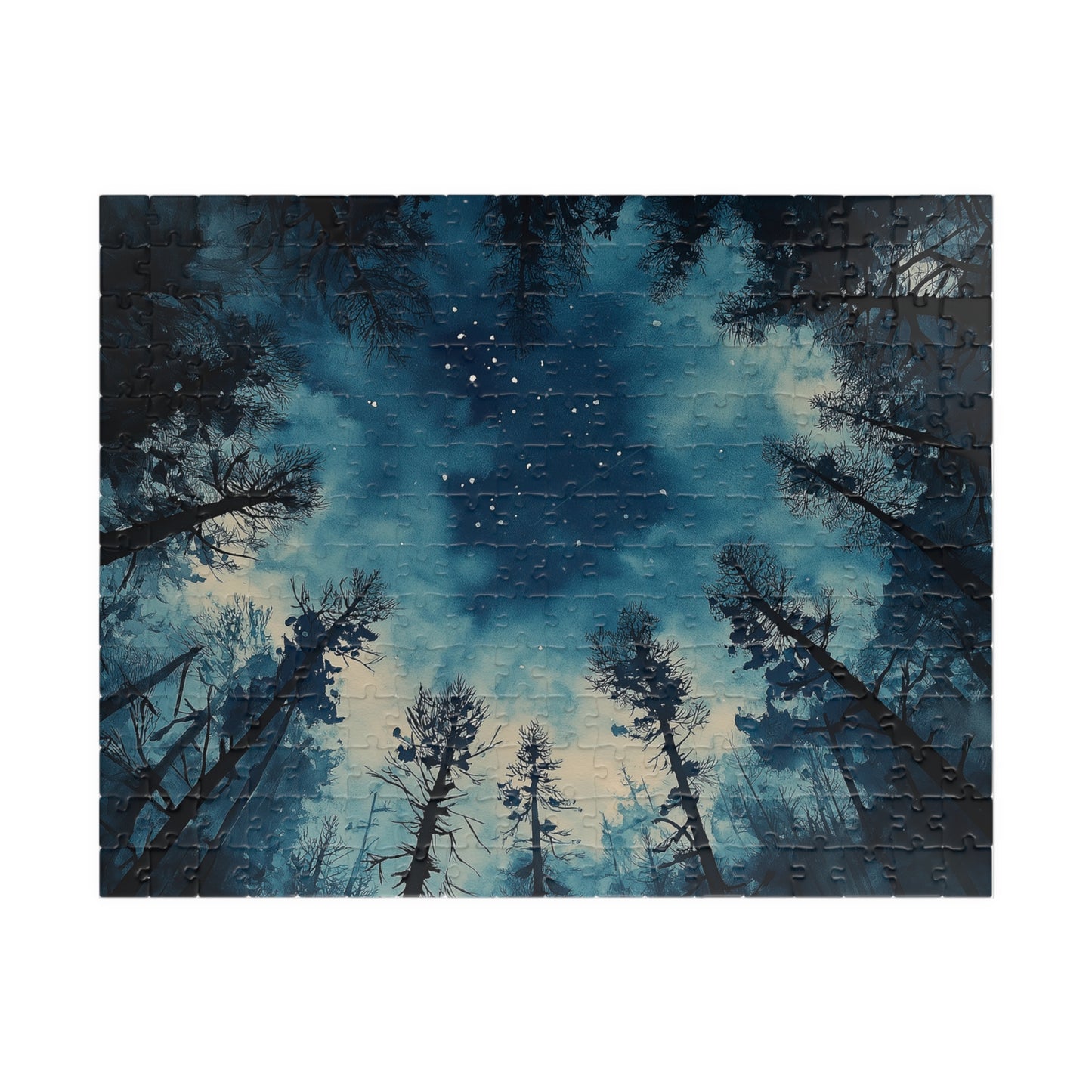 Moody Forest Sky Puzzle (110, 252, 520, 1014 Pieces) - Atmospheric Night View, Blue Toned, Starry Tree Canopy