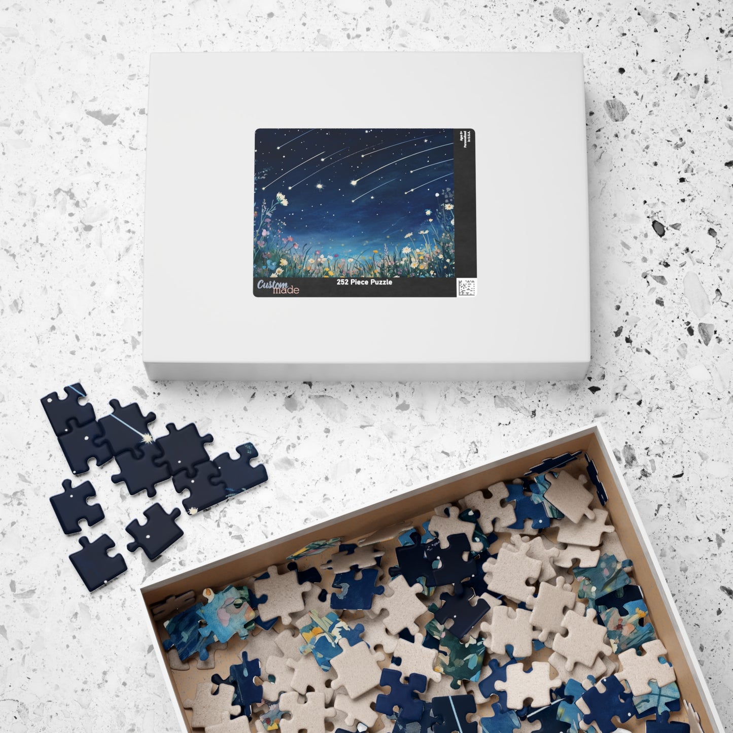 Wildflowers Under a Starry Sky Puzzle (110, 252, 520, 1014 Pieces) - Dreamy Meteor Shower, Starry Night Scene with Colorful Blooms
