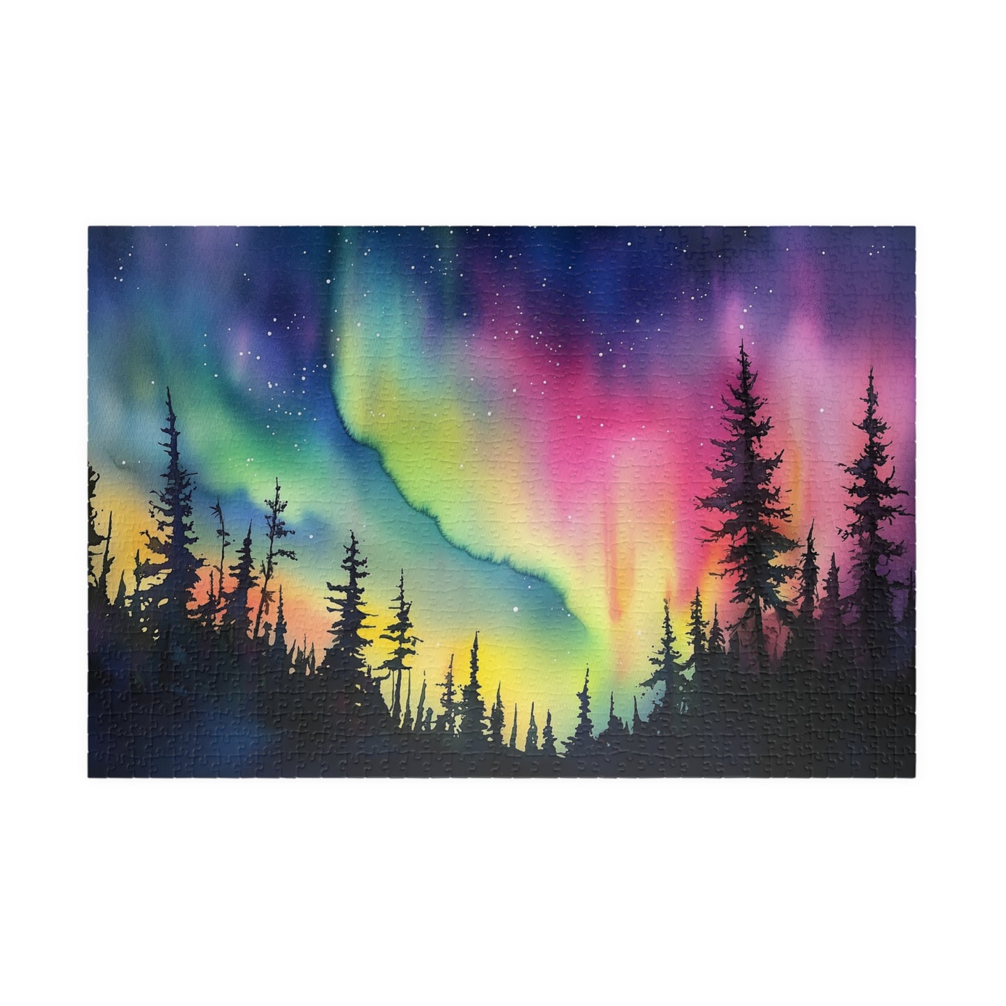 Aurora Glow Puzzle (110, 252, 520, 1014 Pieces) - Northern Lights Over Forest Silhouette, Fun Family Activity, Unique Gift Idea