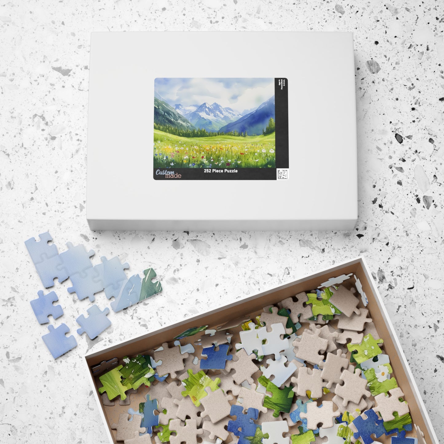 Spring Mountain Puzzle (110, 252, 520, 1014 Pieces) - Alpine Wildflower Meadow with Snowy Peaks, Blue Sky, and Peaceful Green Hills