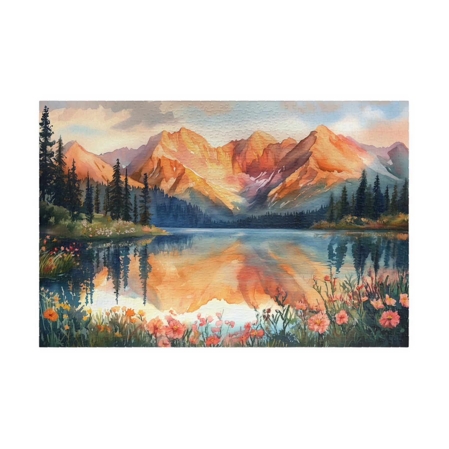 Fiery Red Mountain Reflection Puzzle (110, 252, 520, 1014 Pieces) - Wildflower Shoreline, Alpine Forest, Golden Hour Glow,