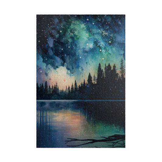 Starry Lake Puzzle (110, 252, 520, 1014 Pieces) - Peaceful Night Sky Reflection, Forest Silhouette, Tranquil Water