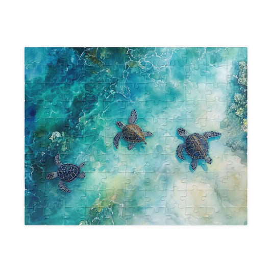 Turtle Trio Puzzle (110, 252, 520, 1014 Pieces) - Watercolor Sea Turtle Art, Ocean Wildlife, Serene Blue Puzzle, Relaxing Nature Puzzle