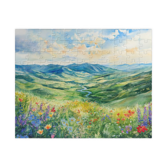 Wildflower Valley Overlook Puzzle (110, 252, 520, 1014 Pieces) - Rolling Green Mountains, Winding River, Blooming Meadow, Scenic Spring View