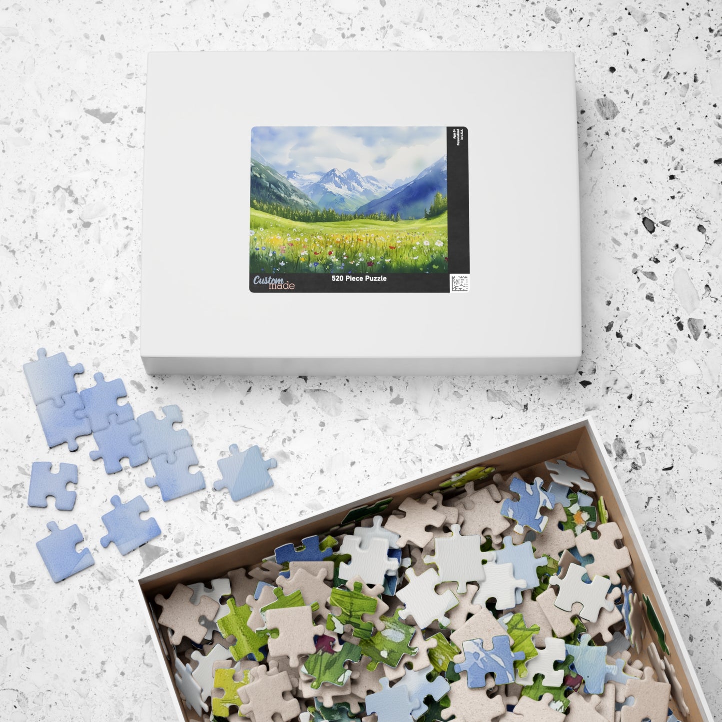 Spring Mountain Puzzle (110, 252, 520, 1014 Pieces) - Alpine Wildflower Meadow with Snowy Peaks, Blue Sky, and Peaceful Green Hills