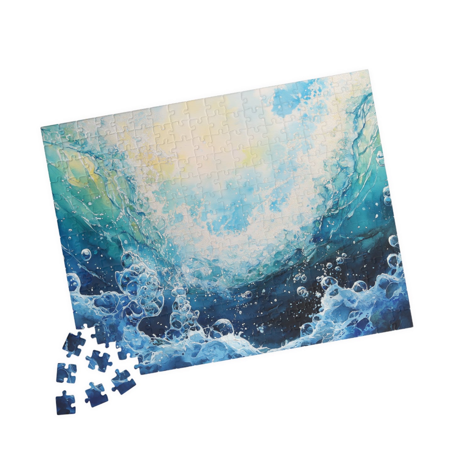 Crashing Wave Puzzle (110, 252, 520, 1014 Pieces) - Ocean Bubbles, Aquatic Motion, Abstract Watercolor Sea Energy, Underwater View