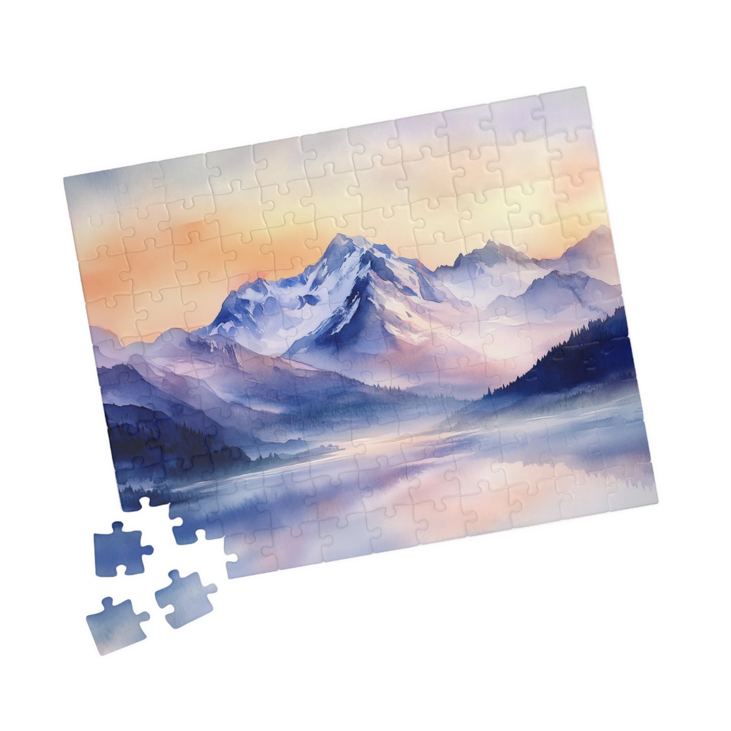 Mountain Serenity Puzzle (110, 252, 520, 1014 Pieces) - Misty Peaks, Sunset Hues, Tranquil Reflections, Mountain Landscape Puzzle