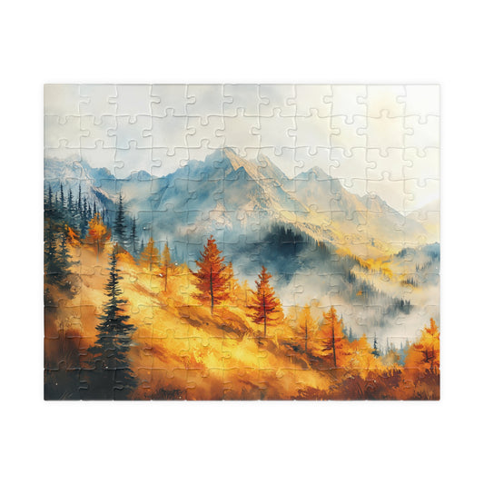 Golden Hillside Puzzle (110, 252, 520, 1014 Pieces) - Autumn Forest Jigsaw, Tranquil Nature Puzzle, Misty Mountain Decor, Fall Lover Gift