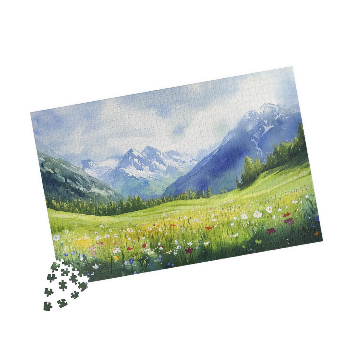 Spring Mountain Puzzle (110, 252, 520, 1014 Pieces) - Alpine Wildflower Meadow with Snowy Peaks, Blue Sky, and Peaceful Green Hills