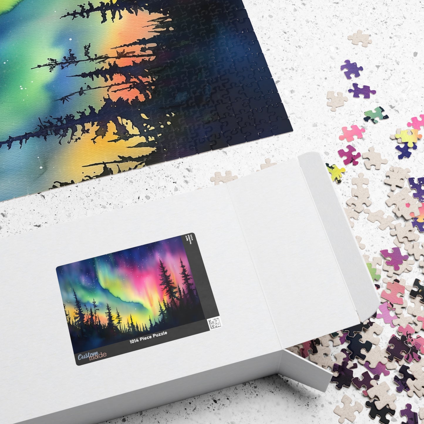 Aurora Glow Puzzle (110, 252, 520, 1014 Pieces) - Northern Lights Over Forest Silhouette, Fun Family Activity, Unique Gift Idea