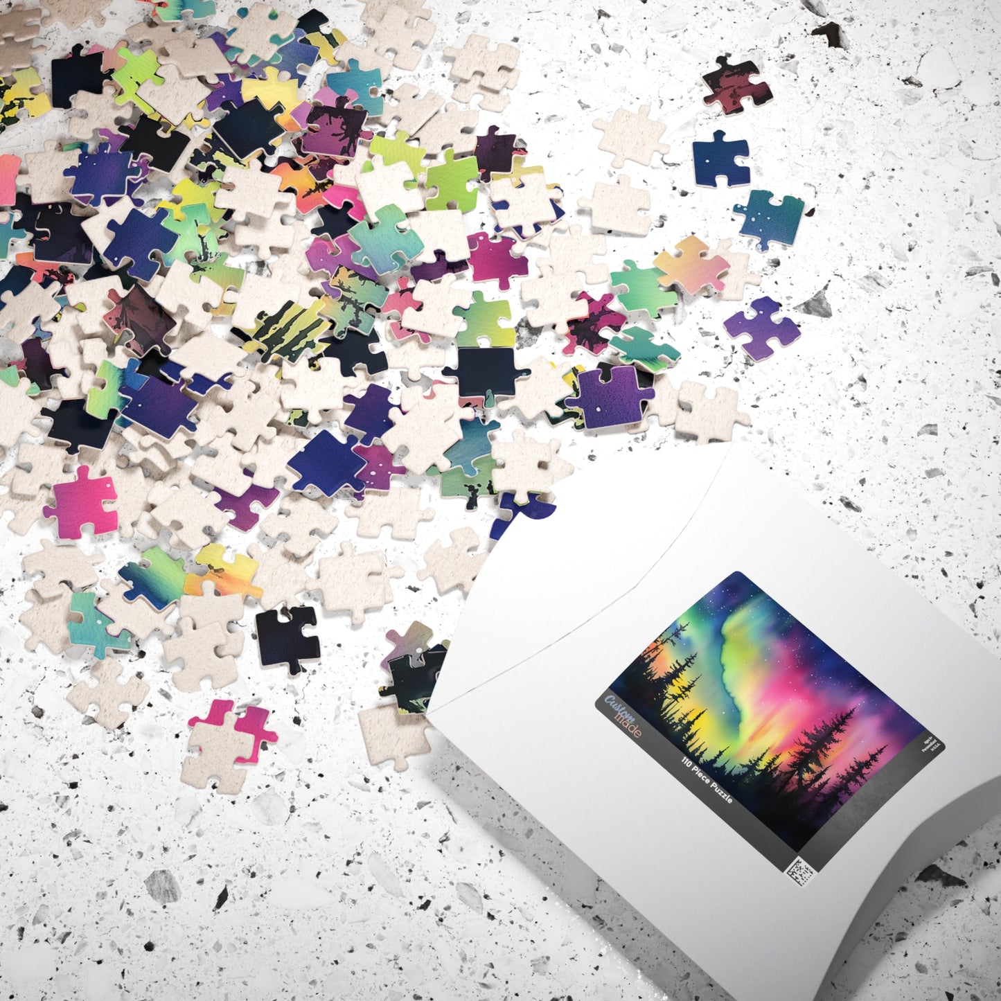 Aurora Glow Puzzle (110, 252, 520, 1014 Pieces) - Northern Lights Over Forest Silhouette, Fun Family Activity, Unique Gift Idea