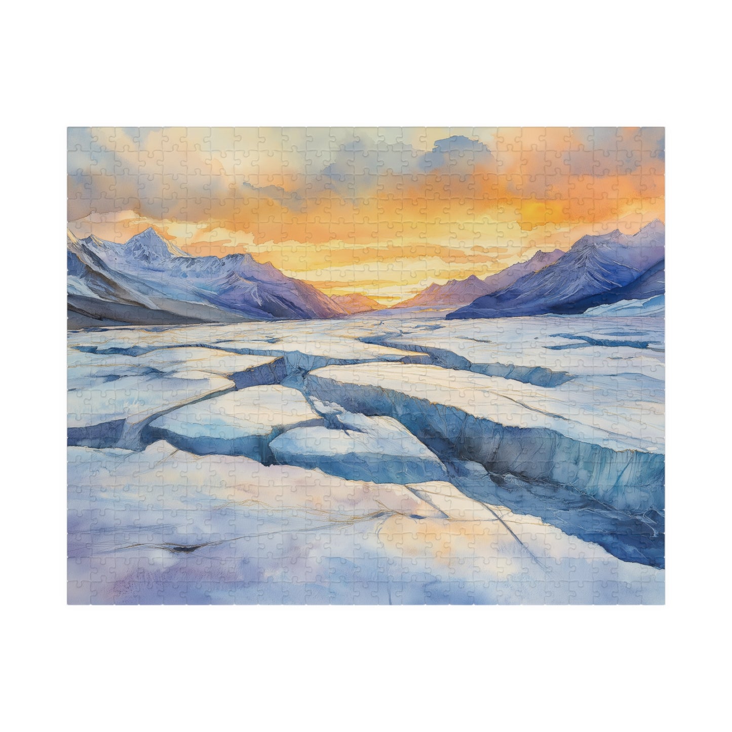 Glacial Field Puzzle (110, 252, 520, 1014 Pieces) - Frozen Mountain Landscape with Cracked Ice, Arctic Horizon, and Winter Sunset Glow