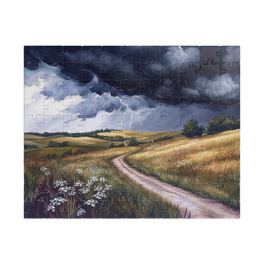 Prairie Thunderstorm Puzzle (110, 252, 520, 1014 Pieces) - Stormy Sky, Lightning Strikes, Country Path Scene, Nature Lover Gift