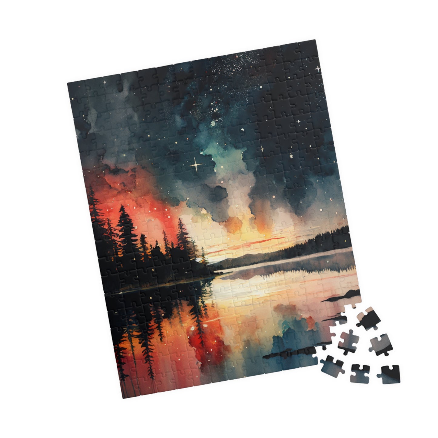 Starlit Reflections Puzzle (110, 252, 520, 1014 Pieces) - Celestial Sky Over Lake, Vibrant Galaxy Colors, Tranquil Nature Scene